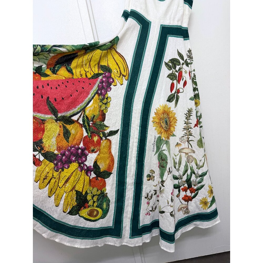 NWT Alemais Frutta Midi Sun Dress White Green Floral Fruit Stripe Linen AU 8 US4 - Picture 10 of 16